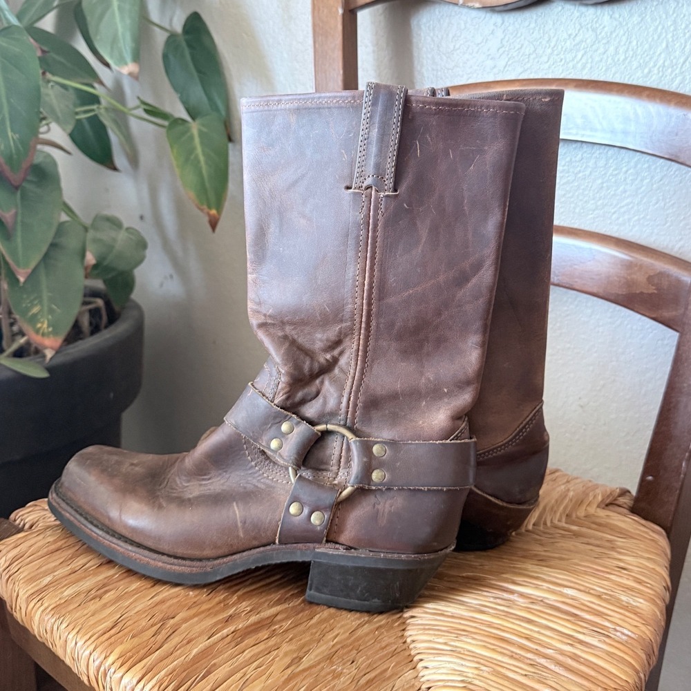 Frye Harness 12R Brown Leather Biker Boots Women 8 N Square Toe Made in USA - Picture 3 of 4